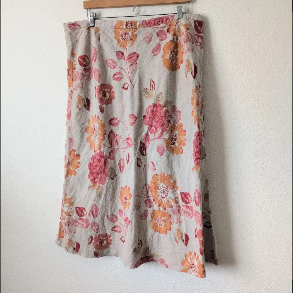 Vintage Eddie Bauer Linen‎ Wrap Skirt Womens 16 - Floral 90s Beige Pink Cottage